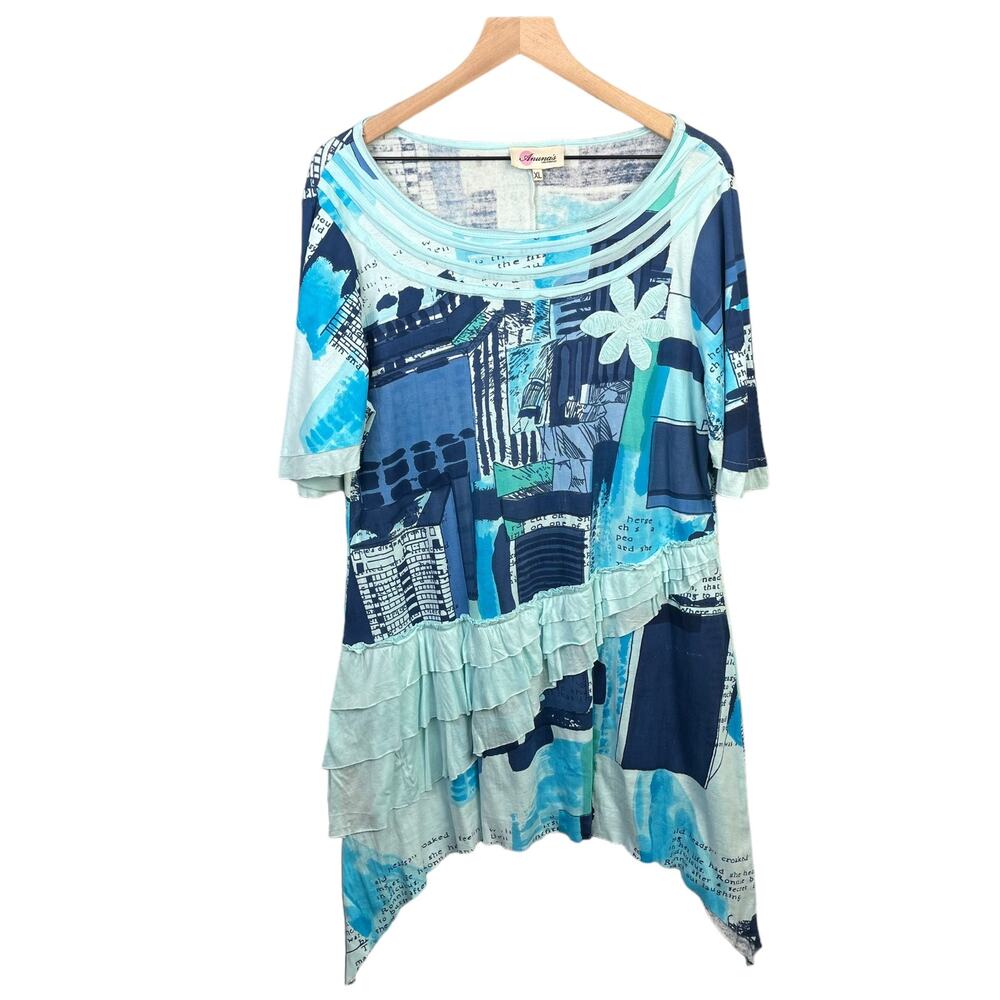 Ruff Hewn Grey Abstract Tunic Top L/XL Dolman Sleeve Lightweight Coastal Art